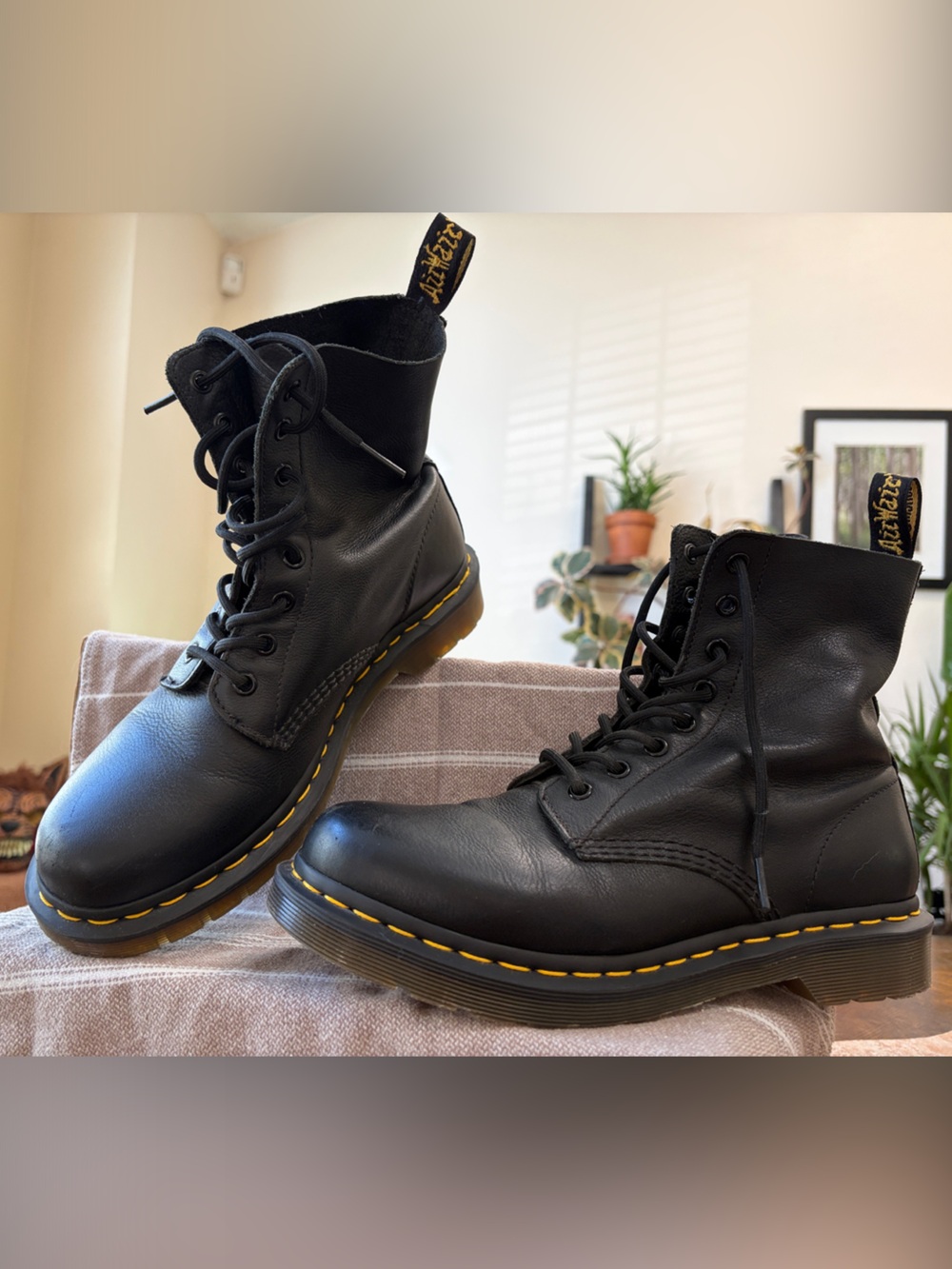 Dr. Martens Black Leather Size 9 Combat Boots with Yellow Stitching- Worn once!